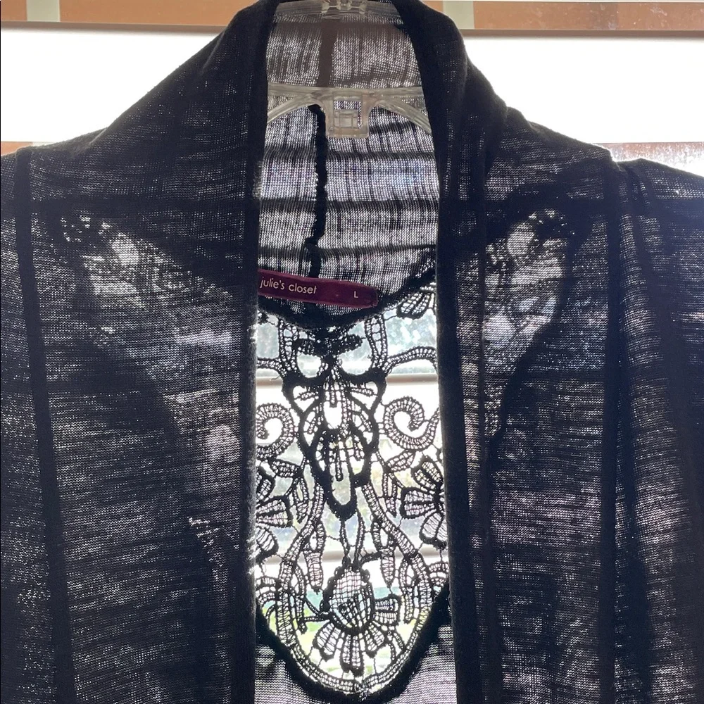 JULIE’S CLOSET Chic Black Sheer Cardigan W Back Lace details Like New SZ L